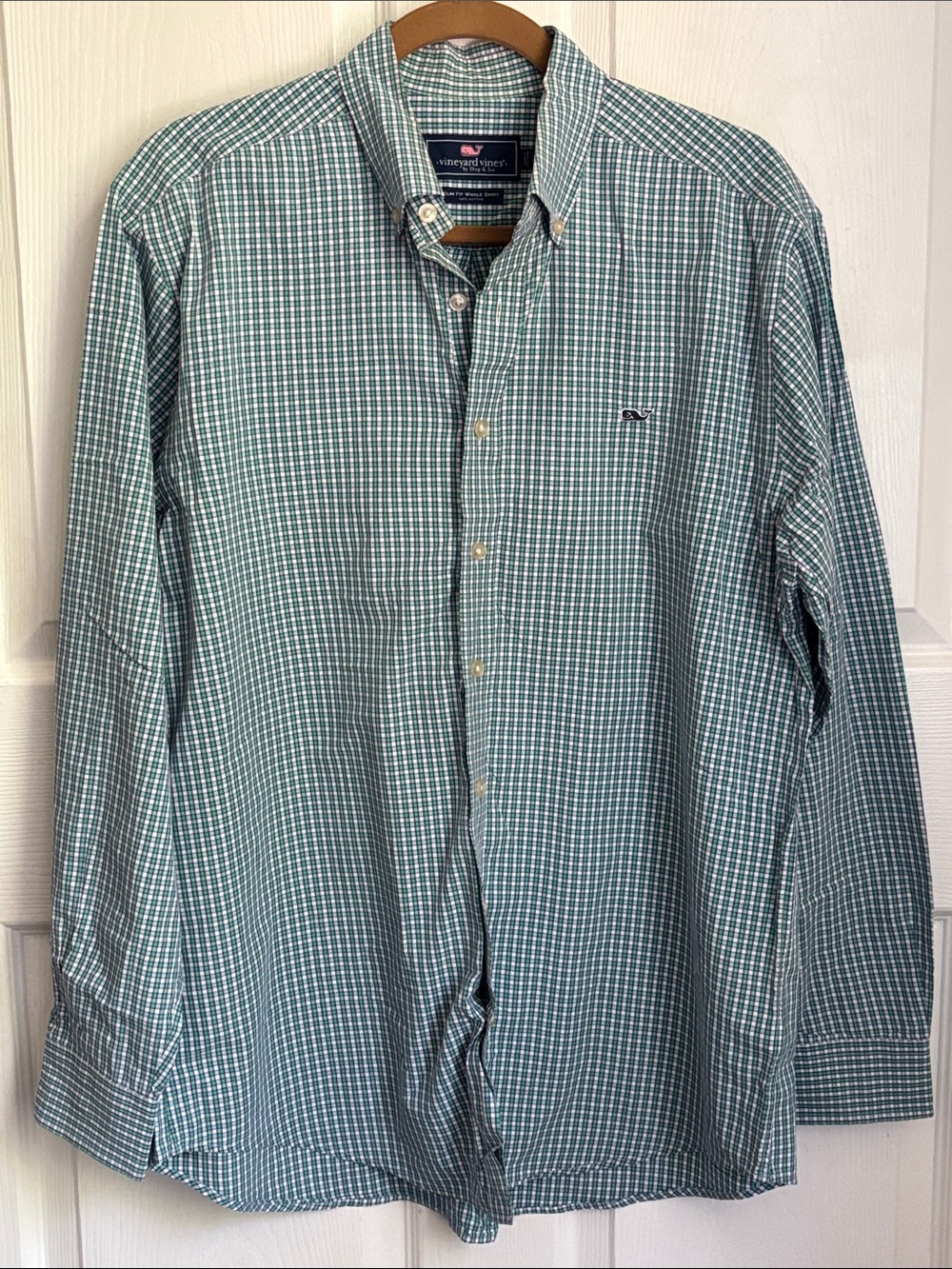Vineyard Vines Slim Fit Whale Shirt Teal and White Micro-Check Button-Down Sz L